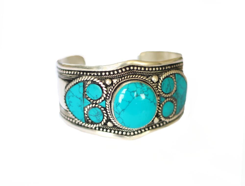 Boho Style Blue Stabilized-Turquoise Mosaic Adjustable Cuff Bracelet | Stainless Steel Jewelry for Men & Women