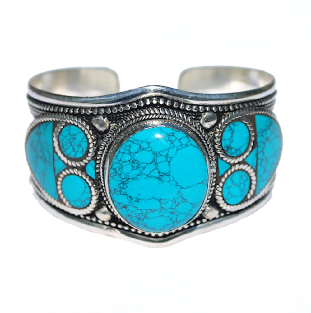 Boho Style Blue Stabilized-Turquoise Mosaic Adjustable Cuff Bracelet | Stainless Steel Jewelry for Men & Women