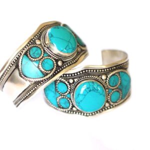 Boho Style Blue Stabilized-Turquoise Mosaic Adjustable Cuff Bracelet | Stainless Steel Jewelry for Men & Women