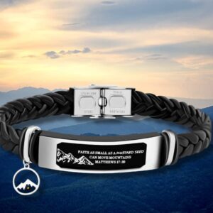 Uloveido Braided Leather Bracelet Engraved Faith Small AS A Mustard Seed Can Move Mountains Matthew 17:20 (Round Mountain Seed)