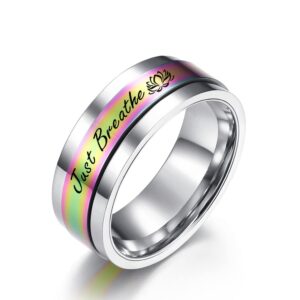 sszyu inspirational jewelry fashion ring stainless steel silver& rainbow 2 tone band ring for women just breathe inspirational spinner ring encouragement graduation mantra ring for women,size 10