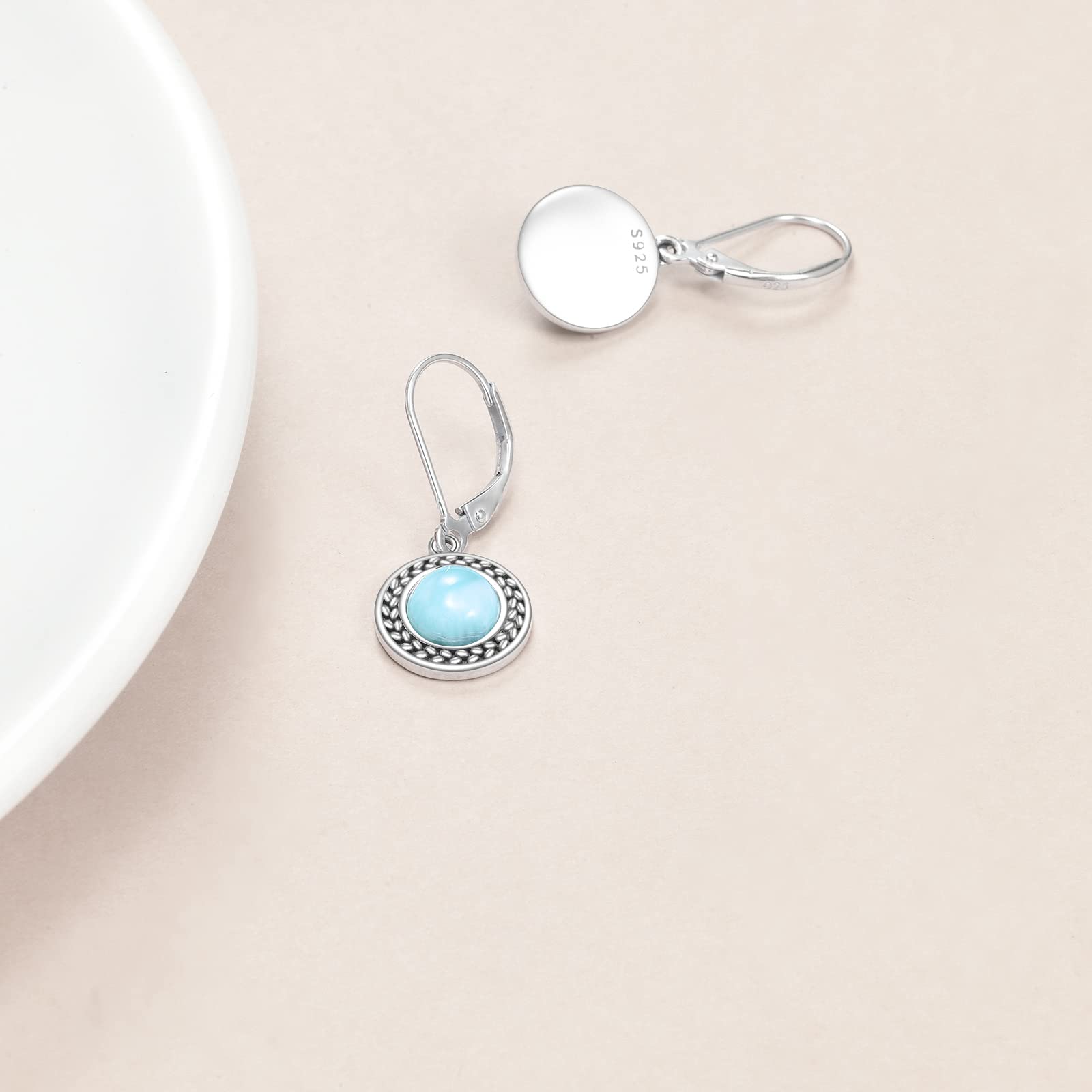 TIGER RIDER Blue Sea Stone Moonstone 925 Sterling Silver Larimar Earrings for Women, Rhinestone Round Crystal Jewelry for Mother s Day Gift, Exquisite Geometry Pendent Earrings