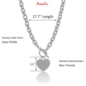 Avanlin Heart Toggle Necklace Silver Stainless Steel Pendant Choker Charm Necklaces Cable Chain Jewelry for Women Girls