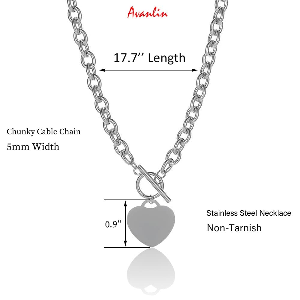 Avanlin Heart Toggle Necklace Silver Stainless Steel Pendant Choker Charm Necklaces Cable Chain Jewelry for Women Girls