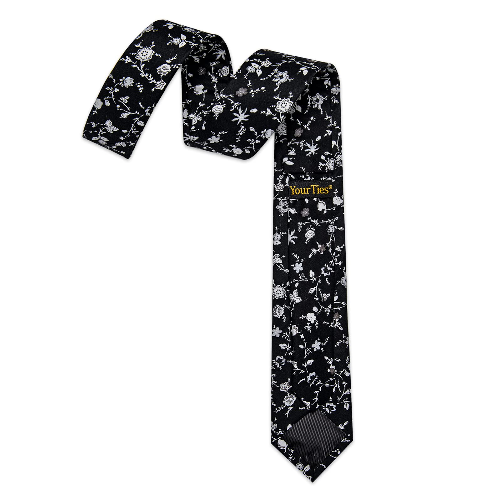 YourTies Floral Skinny Ties for Men Causal Cotton Black Flower Printed Necktie and Pocket Square Set Wedding Party