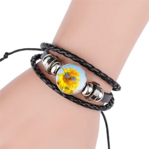 MECETA Adjustable Sunflower Braided Leather Bracelet - Cute Bangle Bracelets Jewelry for Women, The Best Gifts for Women(Blue)