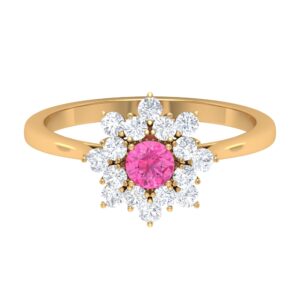 Rosec Jewels Pink Sapphire Engagement Ring with Diamond Halo, Pink Sapphire Cluster Halo Engagement Ring, 14K Yellow Gold, Size:US 5.50