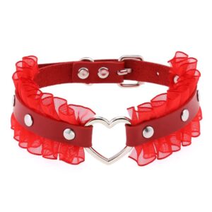 eylun women gothic goth adjustable choker, lace heart punk leather collar necklaces red