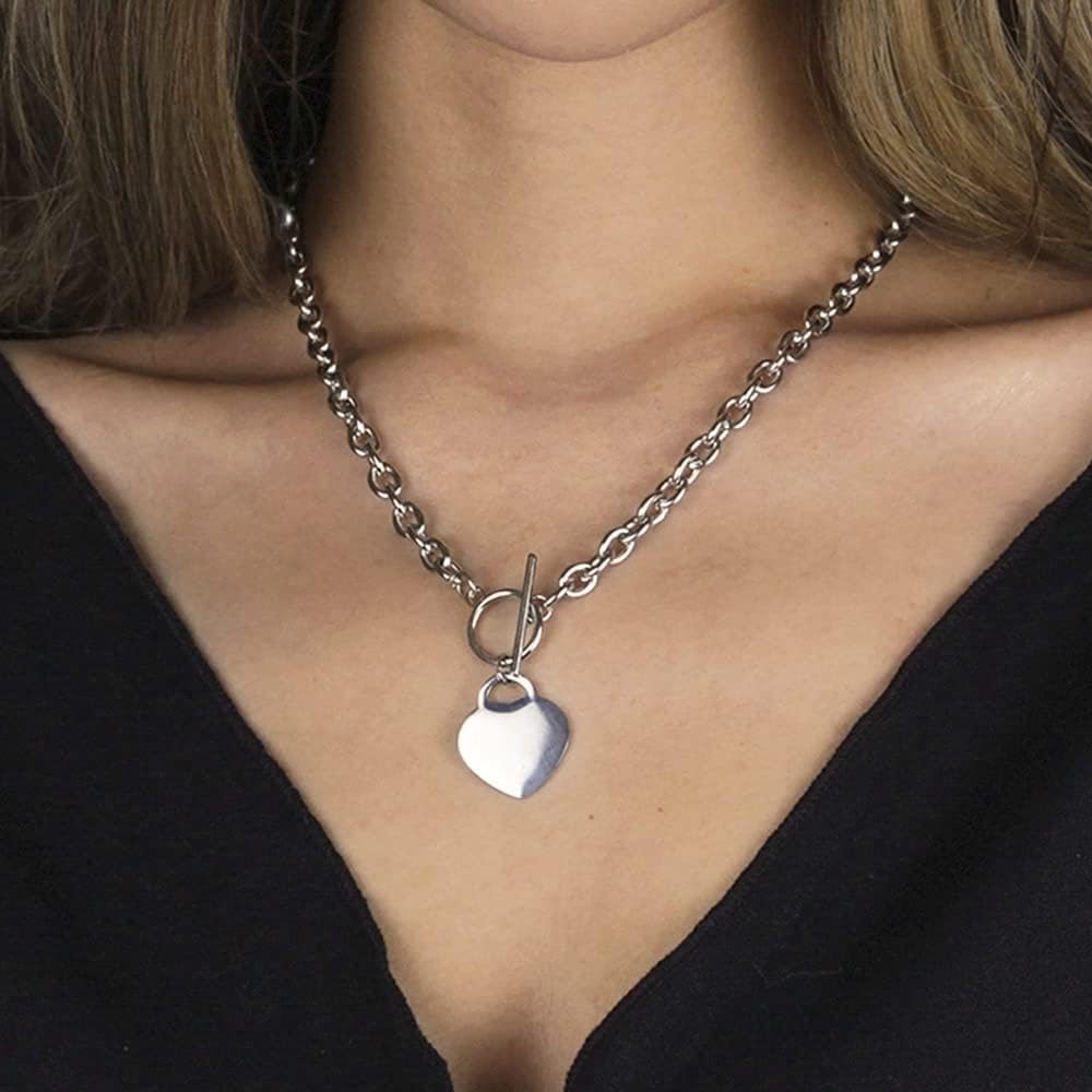 Avanlin Heart Toggle Necklace Silver Stainless Steel Pendant Choker Charm Necklaces Cable Chain Jewelry for Women Girls