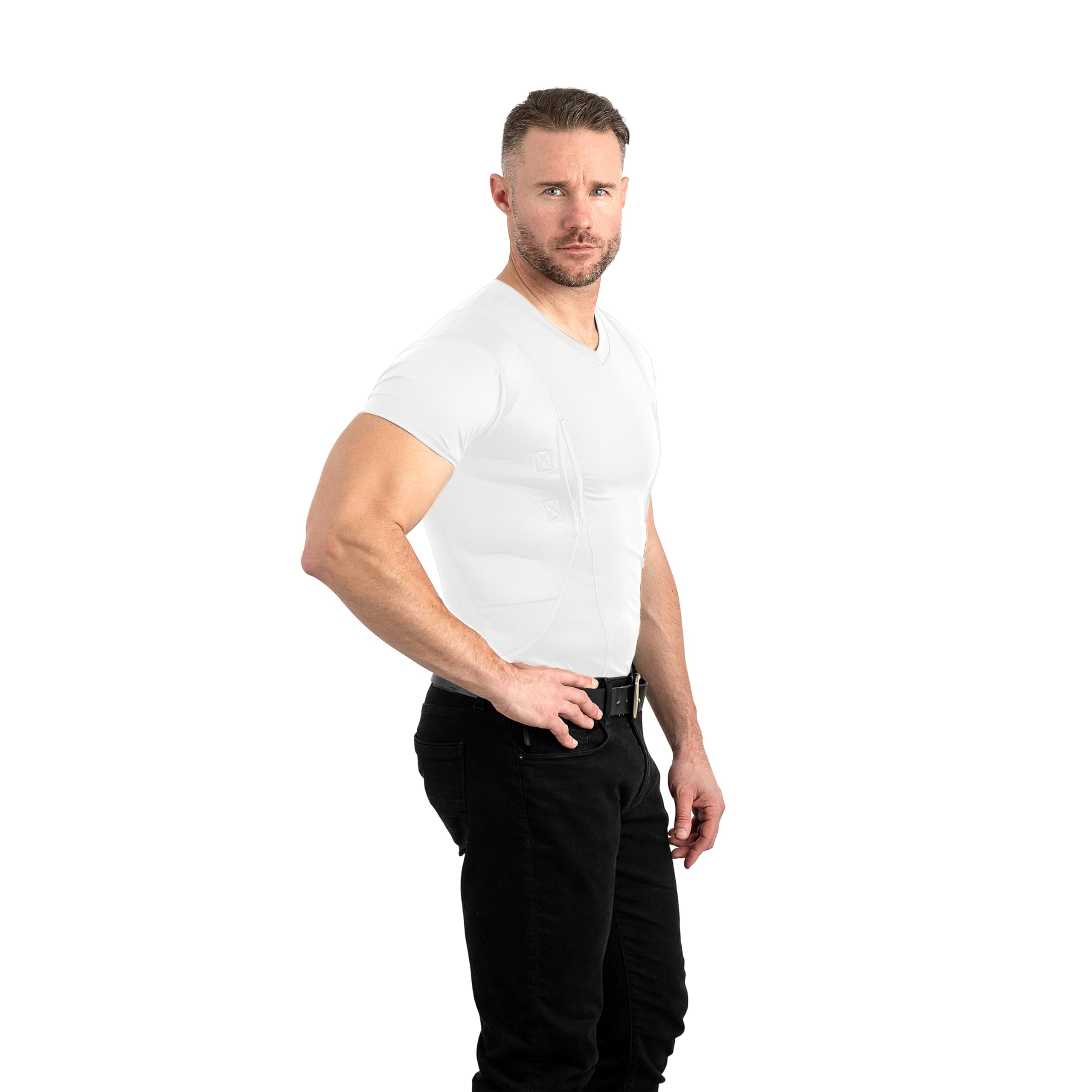 CCW Tactical Concealed Carry Holster Shirt | Secure Hook & Loop Pocket with Large Storage | All Season Moisture Wicking Compression Shirt | Mens V-Neck, White L