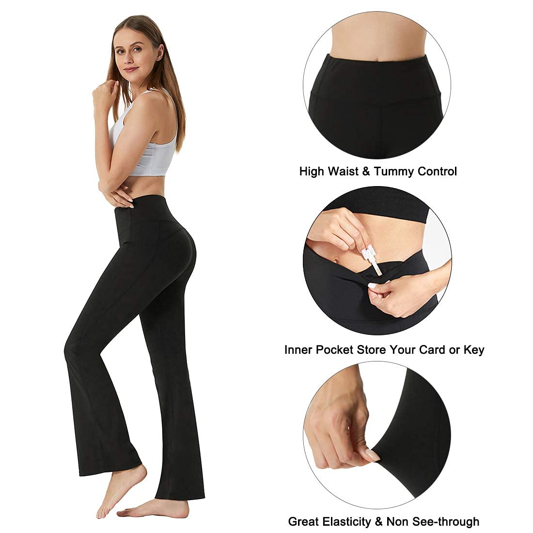 LANBAOSI Bootcut Yoga Pants for Women High Waisted Tummy Control Flare Leggings with Pockets Bootleg Workout Pants Wide Leg Trousers Black