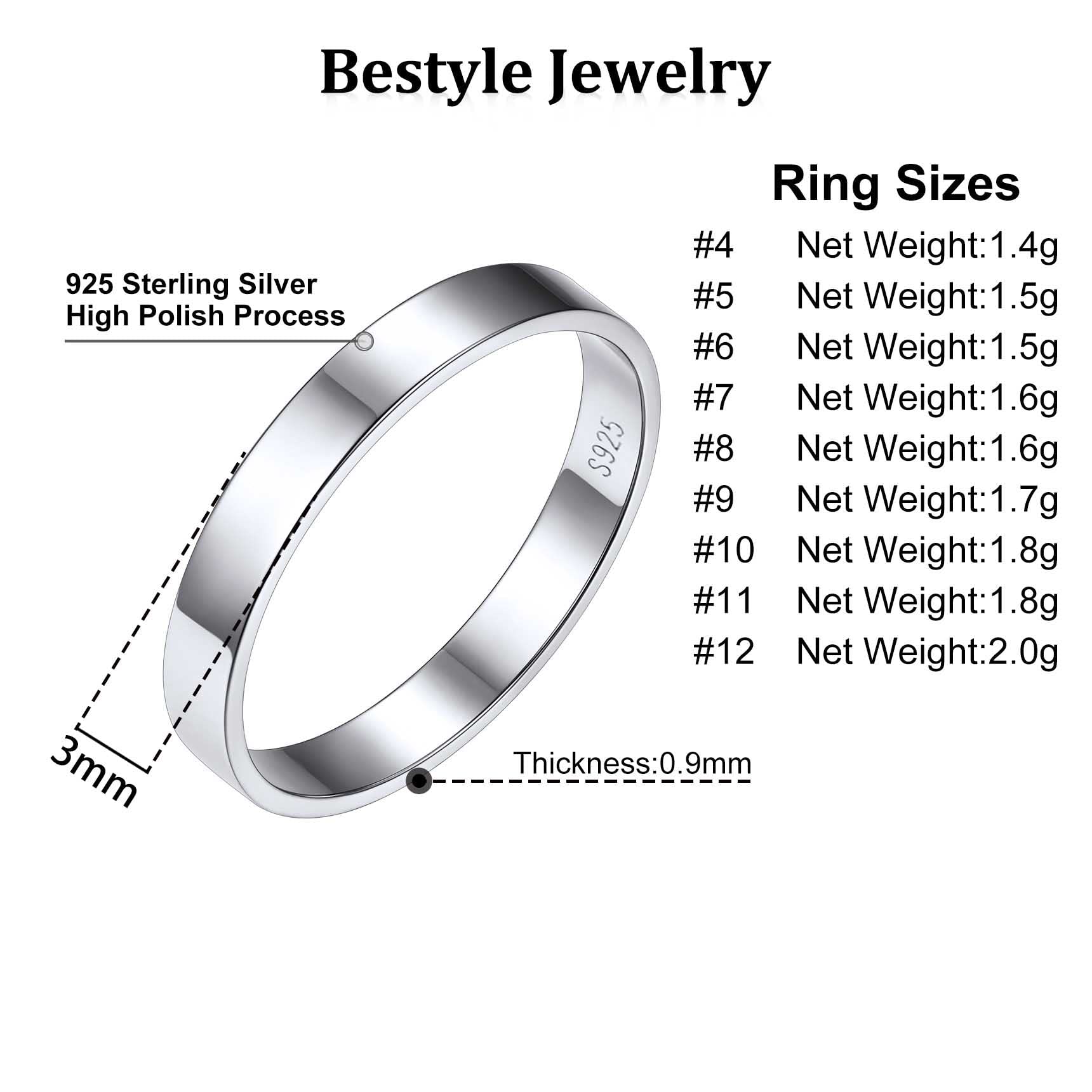 Bestyle 3mm Wide Sterling Silver Band Rings for Women Men Minimalist Knuckle Finger Ring, Dome Style Dainity Rings for Promise/Engagment/Wedding/Anniversary, Size 12