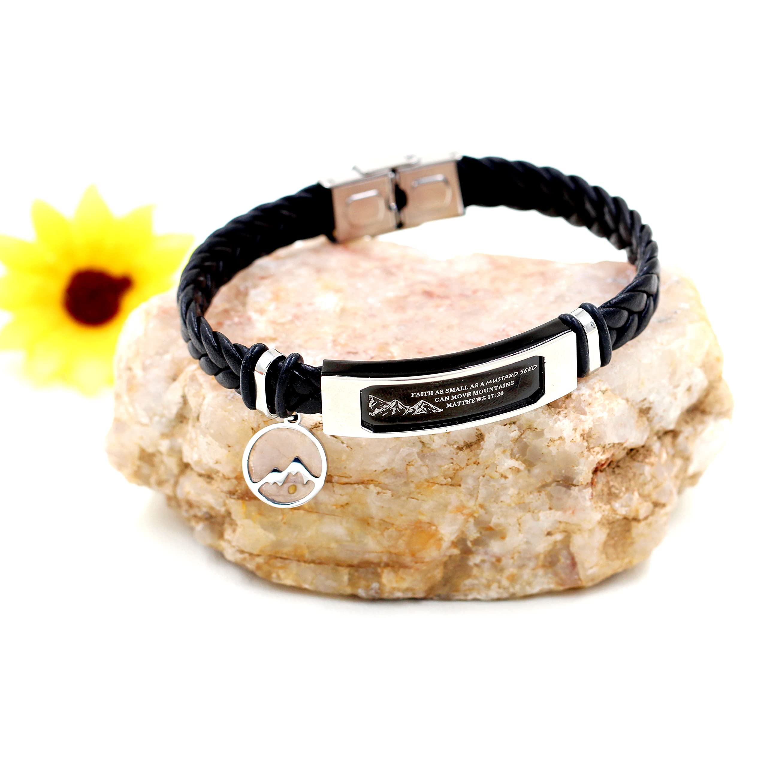 Uloveido Braided Leather Bracelet Engraved Faith Small AS A Mustard Seed Can Move Mountains Matthew 17:20 (Round Mountain Seed)