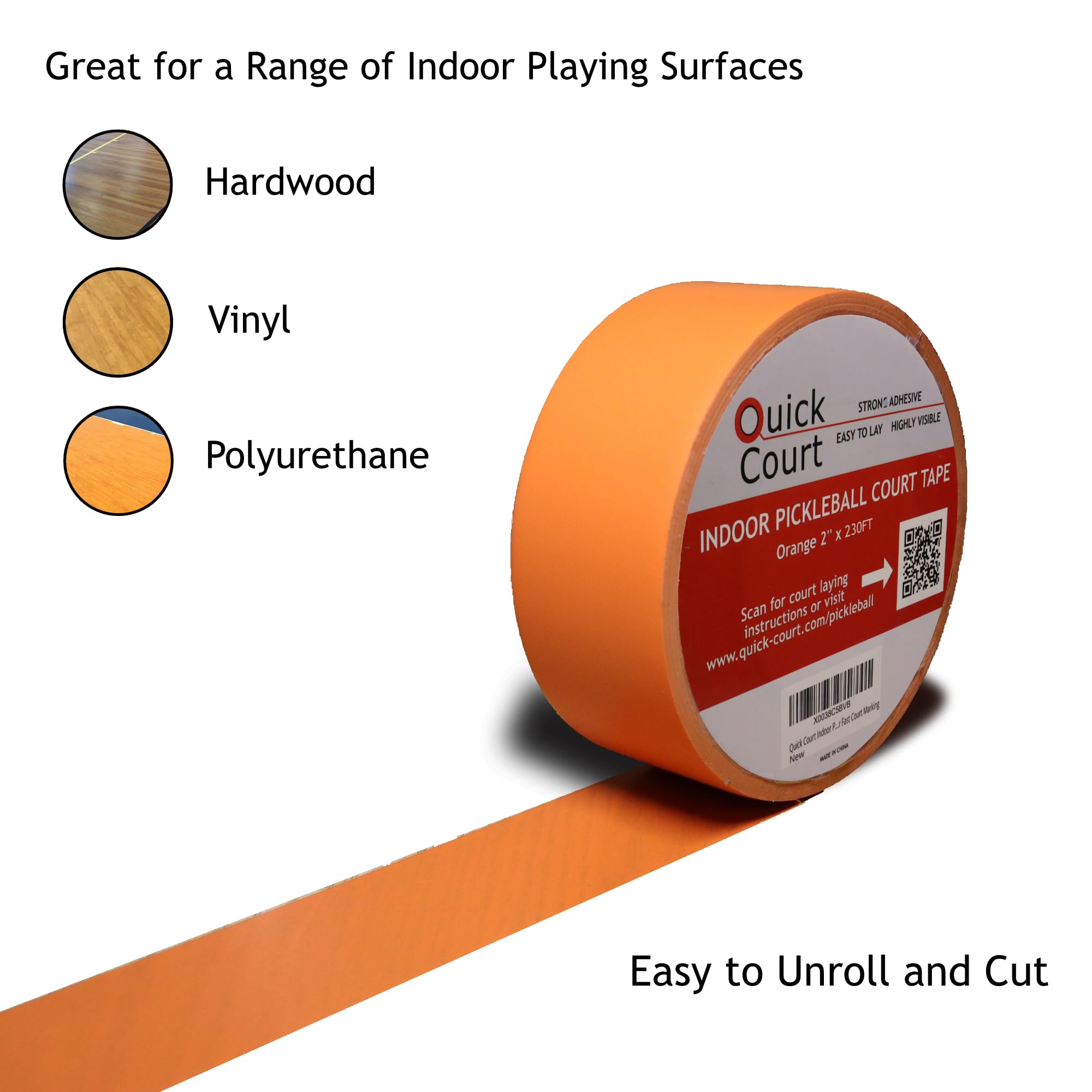 Quick Court Indoor Pickleball Court Tape, The Complete Pickleball Court Marking Kit - 2'' x 230FT, Pickleball Court Marking Tape with Instructions Included for Fast Court Marking (Orange)