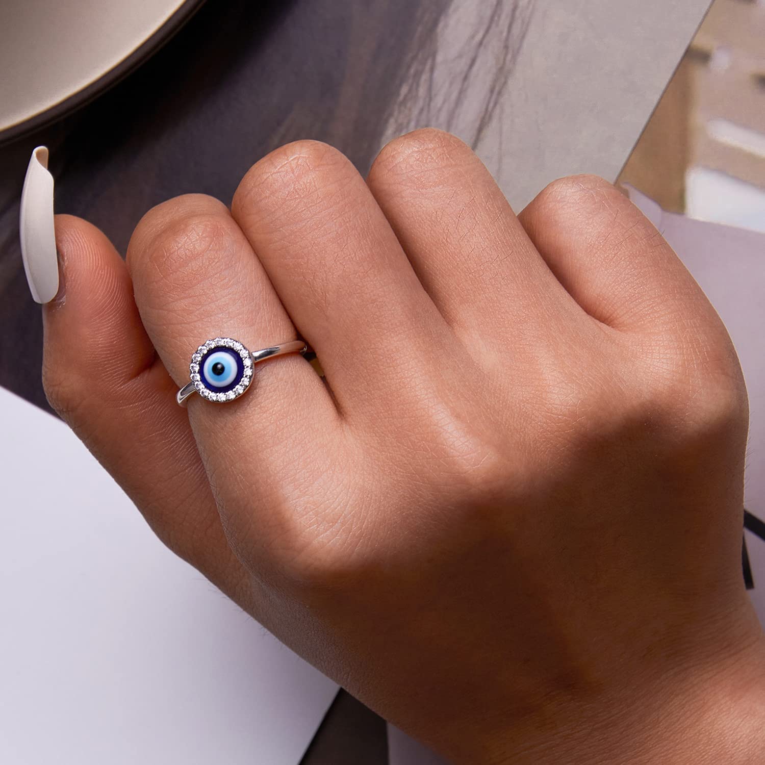 Shysnow Sterling Silver Evil Eye Ring for Women Blue Evil Eyes Nazar Ojos Open Adjustable Rings Dainty Turkish Greek Third Eye Enamel Cubic Zirconia Ring Lucky Protection Jewelry