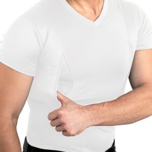 CCW Tactical Concealed Carry Holster Shirt | Secure Hook & Loop Pocket with Large Storage | All Season Moisture Wicking Compression Shirt | Mens V-Neck, White L