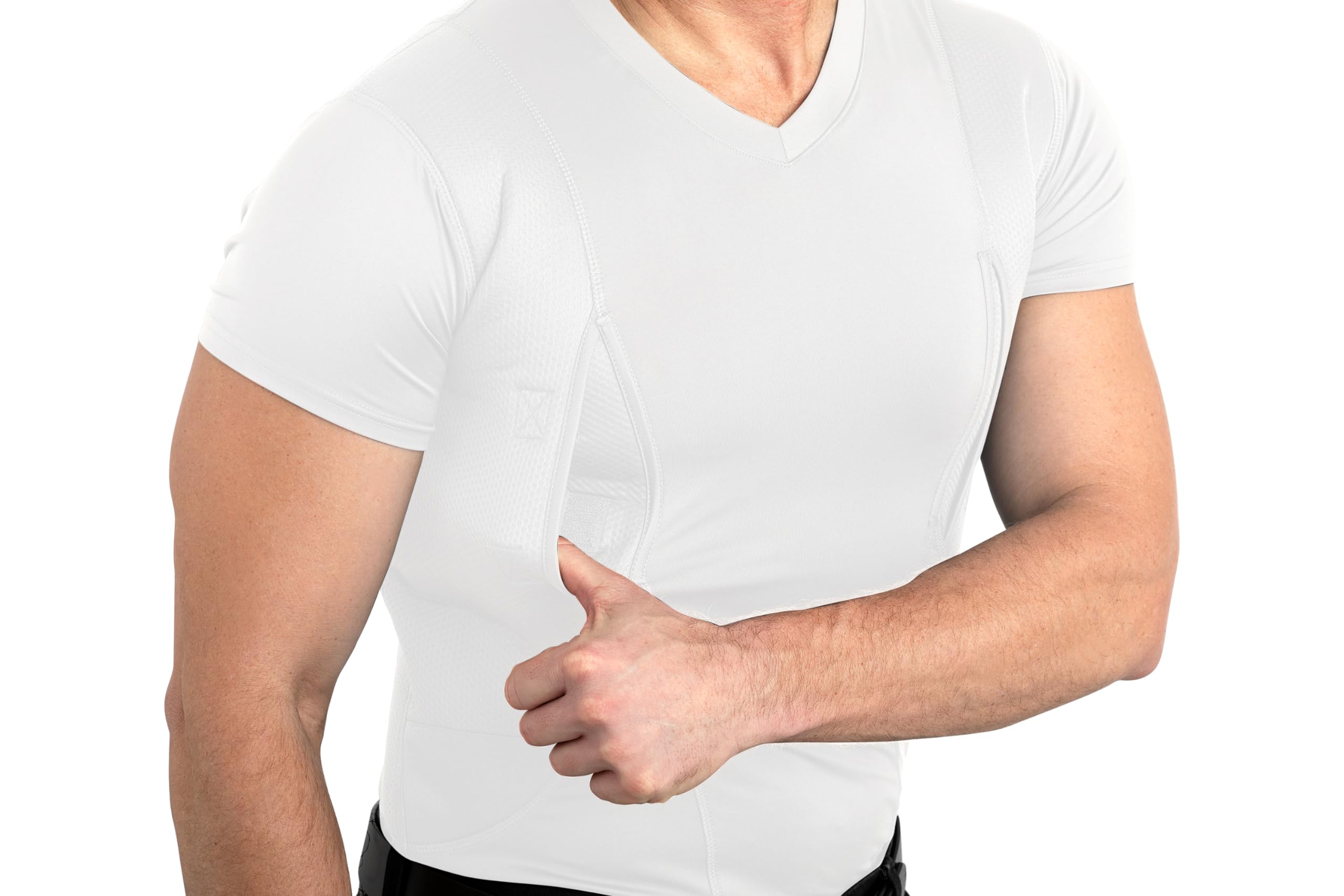 CCW Tactical Concealed Carry Holster Shirt | Secure Hook & Loop Pocket with Large Storage | All Season Moisture Wicking Compression Shirt | Mens V-Neck, White L