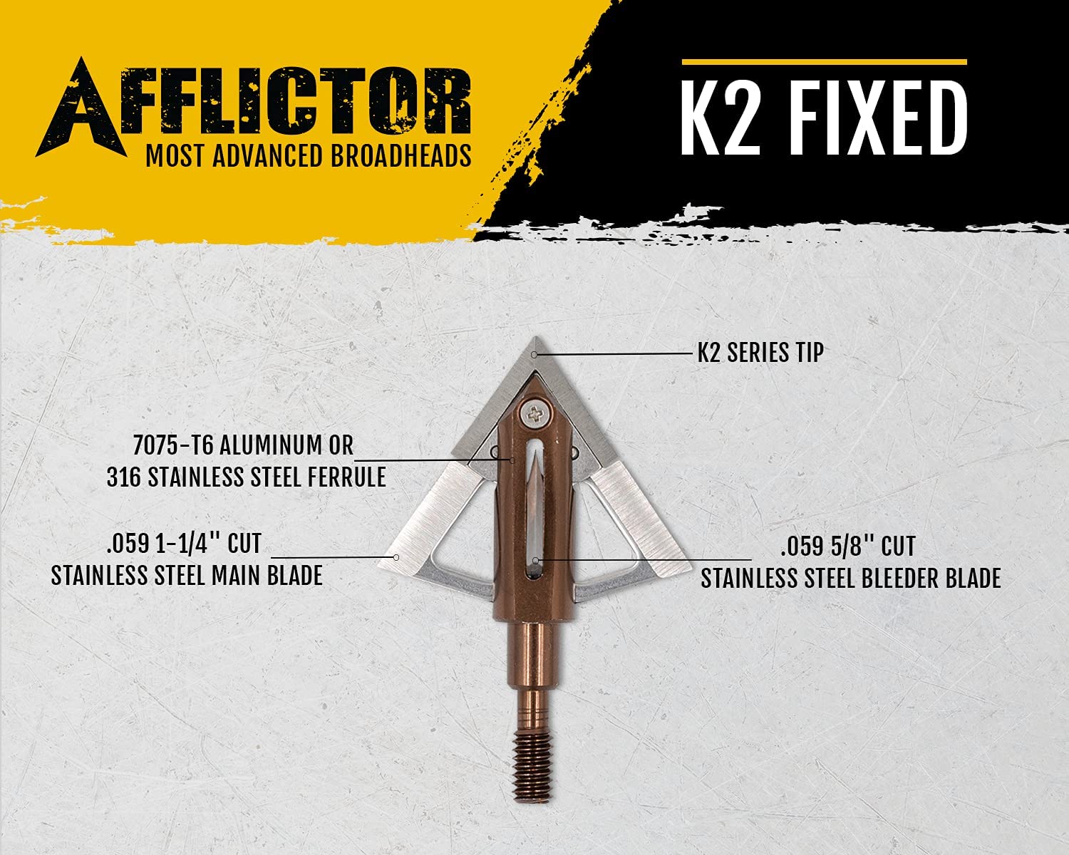 Afflictor K2-Fixed Broadhead | Cut on Contact Fixed Blades | Superior Penetration | Field Point Accuracy | Durable Design | Low Profile | Shoots from Any Bow |