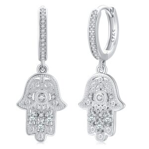 Aniu 925 Sterling Silver Hamsa Earrings with Cubic Zirconia Hand of Fatima Evil Eye Hoop Dangle Drop Earrings Jewelry for Women