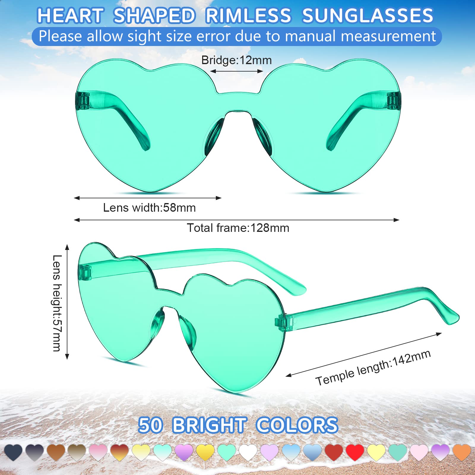 50 Pairs Heart Shaped Rimless Sunglasses Bulk Transparent Colored Love Glasses Frameless Eyewear Party Favor Women Kid Adult(Multicolored)