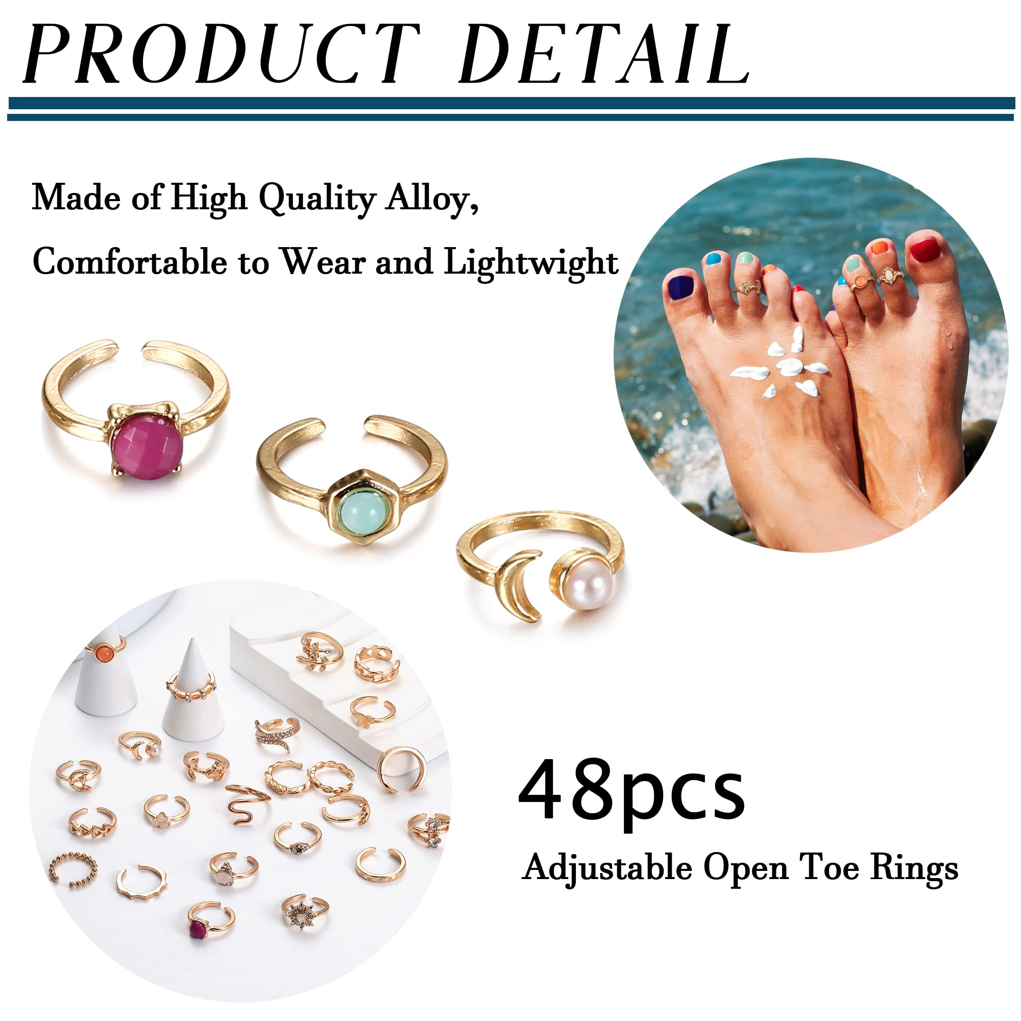 Subiceto 48Pcs Open Toe Rings Set for Women Men Adjustable Vintage Retro Knuckle Ring Bohemian Toe Finger Tail Ring Summer Beach Foot Jewelry Gold