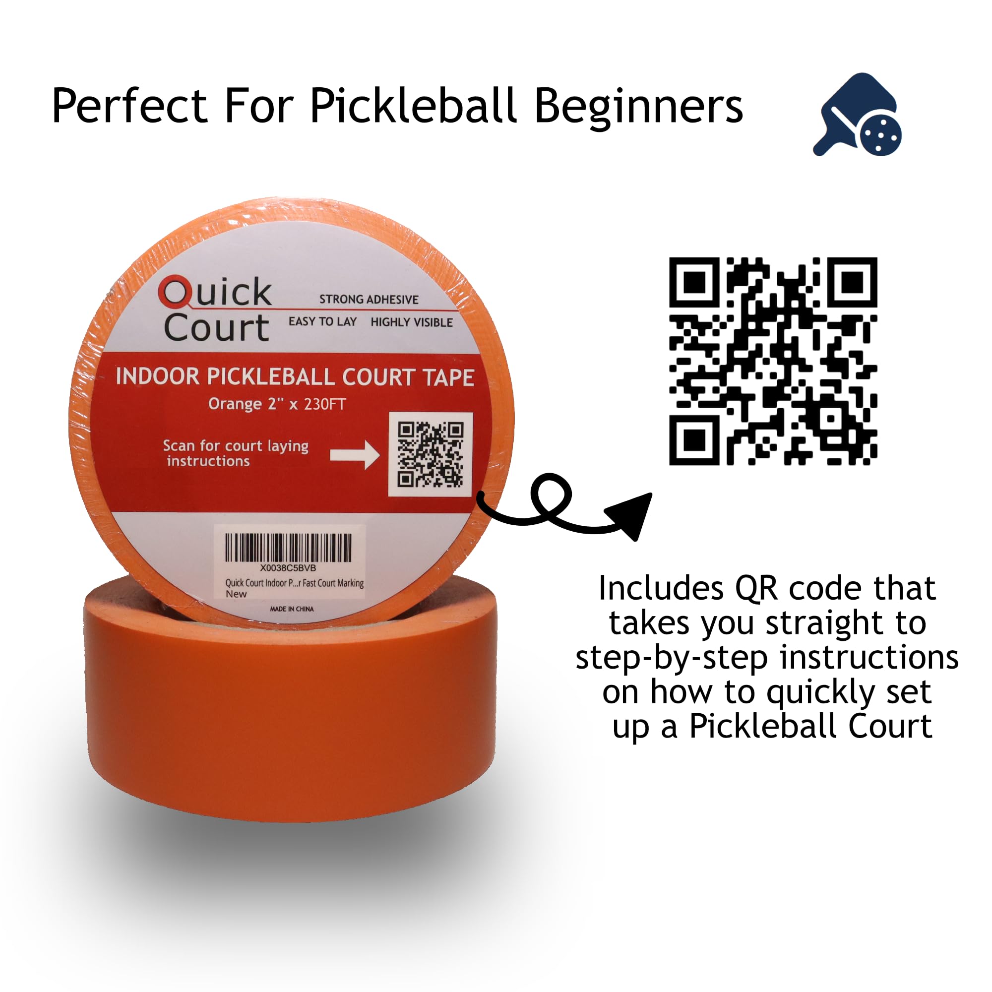 Quick Court Indoor Pickleball Court Tape, The Complete Pickleball Court Marking Kit - 2'' x 230FT, Pickleball Court Marking Tape with Instructions Included for Fast Court Marking (Orange)