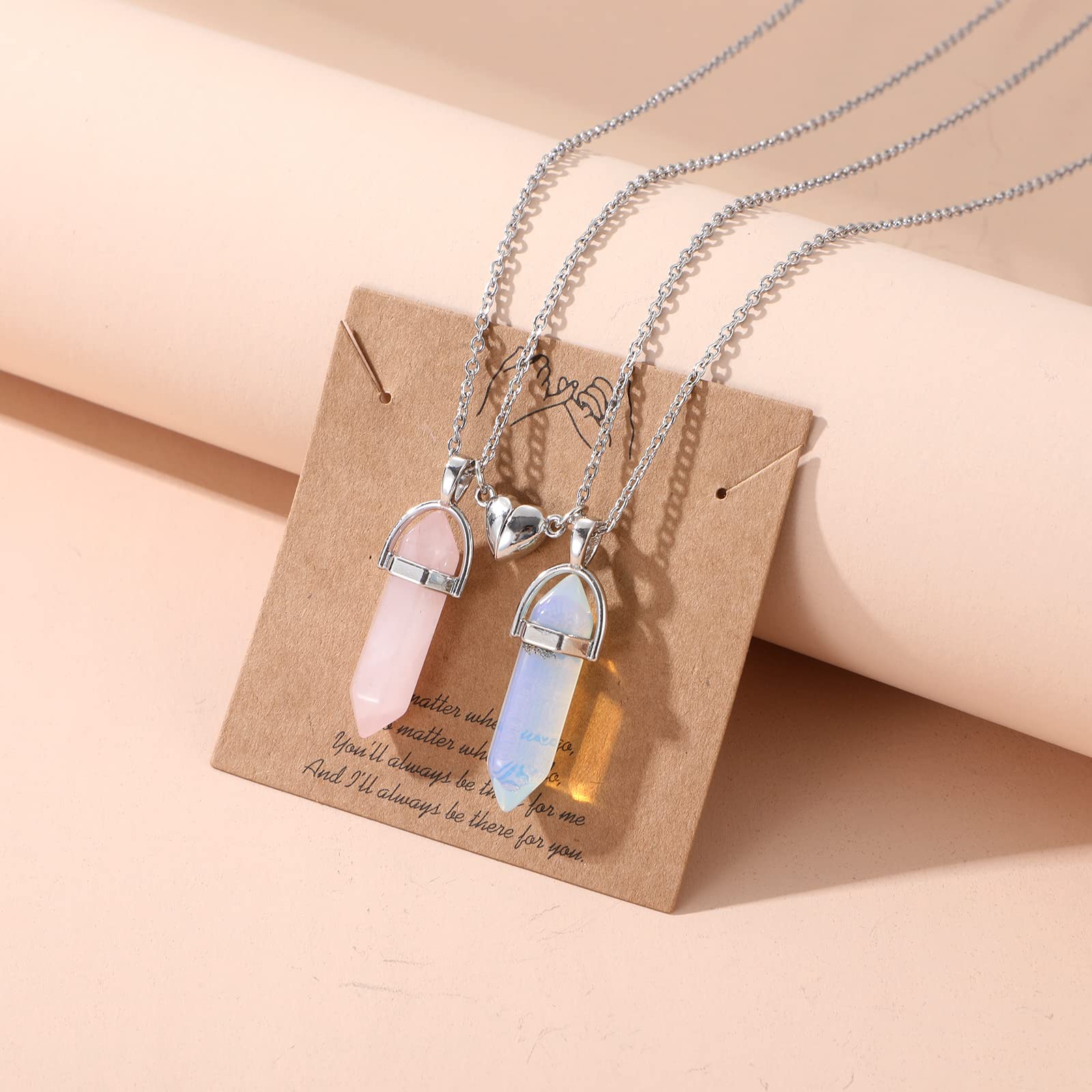 MJartoria BFF Necklace for 2 Crystal Charms Best Friend Necklace Matching Pendant Friendship Necklace for Couples Gifts (Blue+Pink, Matching Heart)