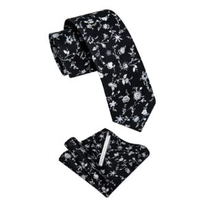 YourTies Floral Skinny Ties for Men Causal Cotton Black Flower Printed Necktie and Pocket Square Set Wedding Party