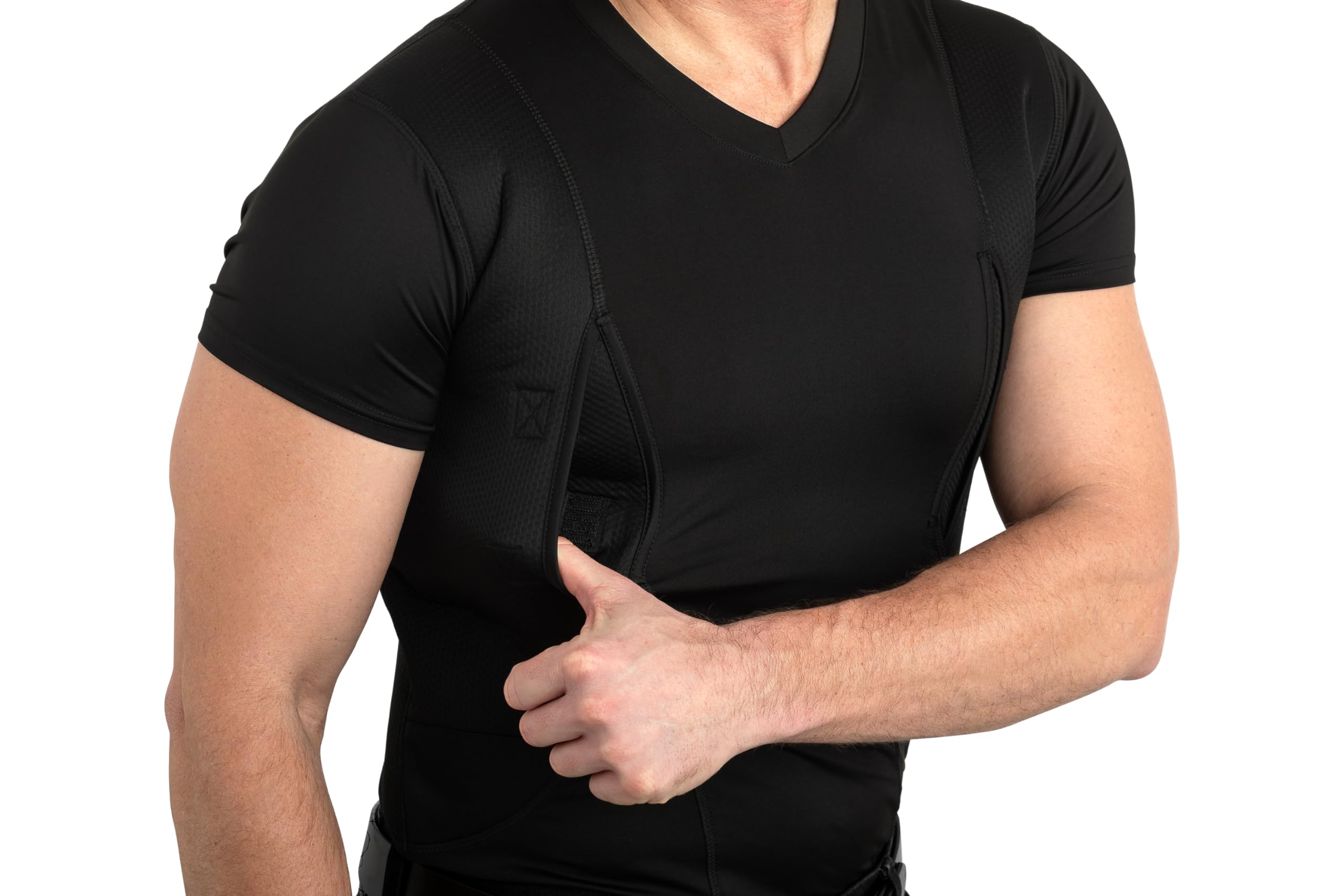 CCW Tactical Concealed Carry Holster Shirt | Secure Hook & Loop Pocket with Large Storage | All Season Moisture Wicking Compression Shirt | Mens V-Neck, Black XL