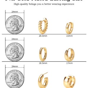 Gold Hoop Earrings Set 14k Real Gold Plated Huggie Earrings Hypoallergenic Chunky Twisted Thick Jewelry for Multiple Piercing for Women (gold hoop style01)