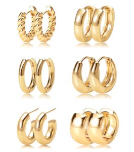 gold hoop earrings set 14k real gold plated huggie earrings hypoallergenic chunky twisted thick jewelry for multiple piercing for women (gold hoop style01)