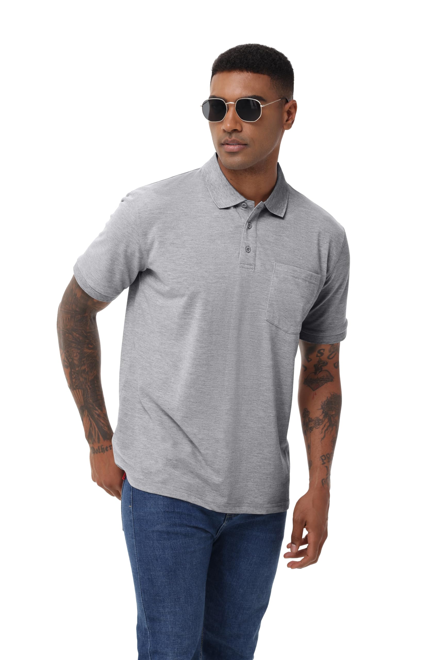 TIHEEN Men's Short Sleeve Moisture Wicking Performance Golf Polo Shirts with Pocket(XL,Grey)