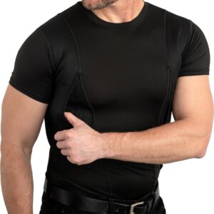 CCW Tactical Concealed Carry Holster Shirt | Secure Hook & Loop Pocket with Large Storage | All Season Moisture Wicking Compression Shirt | Mens Crew, Black S