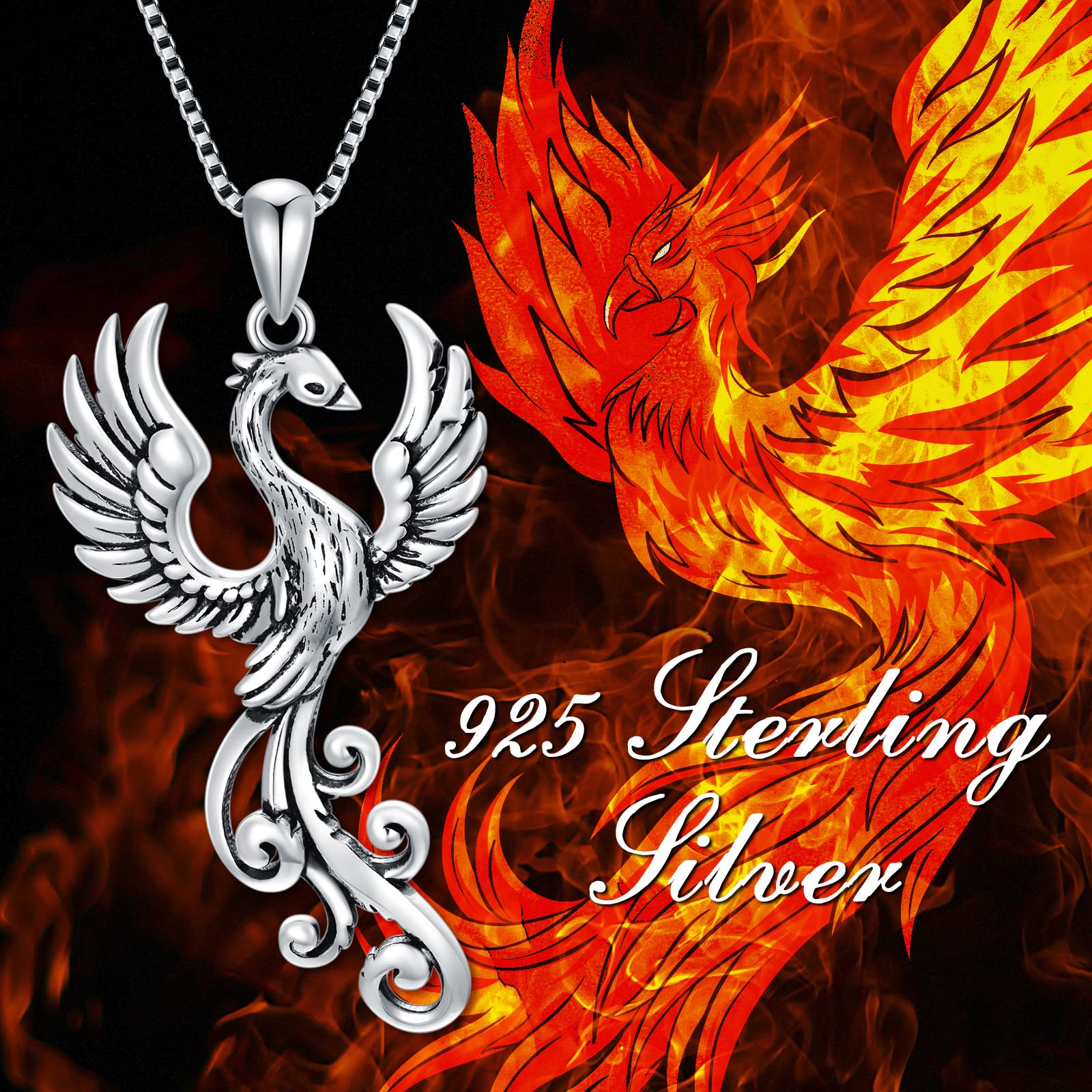 YAFEINI Rising Phoenix Necklace 925 Sterling Silver Bird Pendant Charm for Women