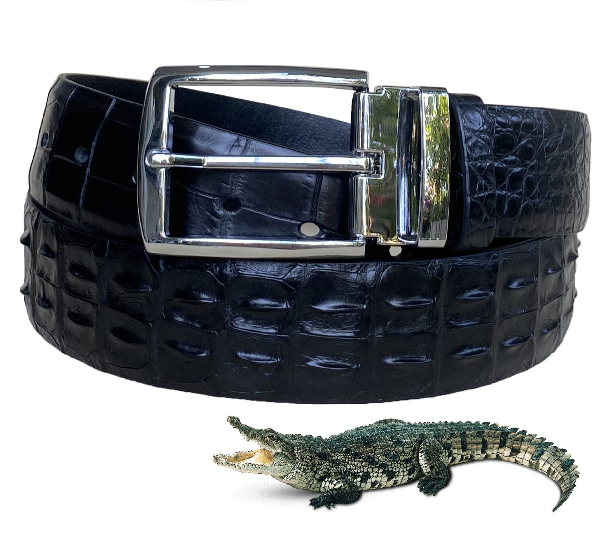 Black Alligator Hornback Leather Belt Men's Crocodile Backbone 45''-29'' width Adjustable Removal Pin Buckle Jean Dress Golf Luxury Exotic Leather Straight Belts Handmade Gift BEHO11-PIN