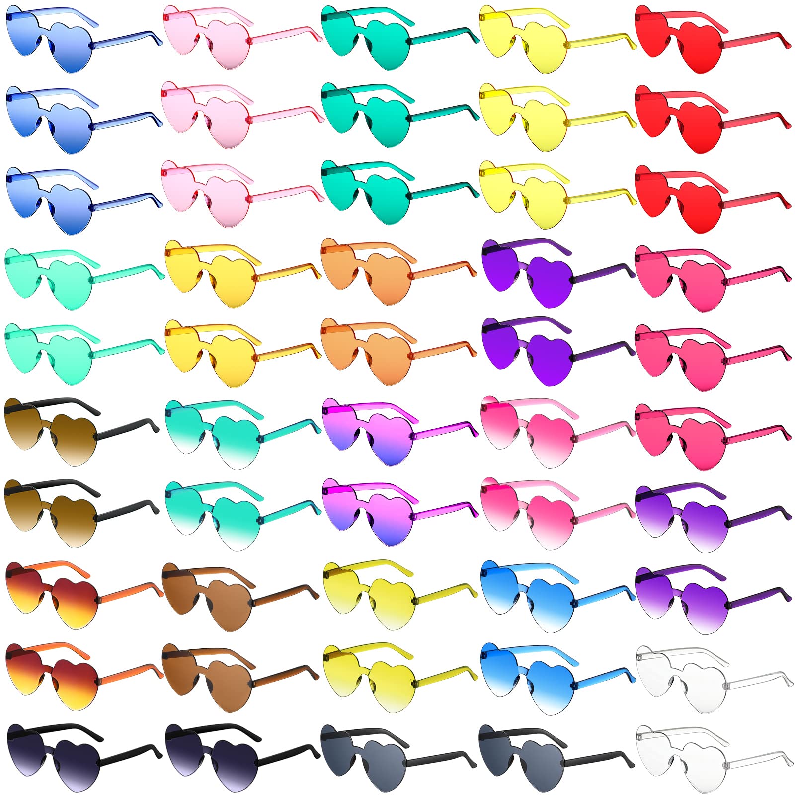 50 Pairs Heart Shaped Rimless Sunglasses Bulk Transparent Colored Love Glasses Frameless Eyewear Party Favor Women Kid Adult(Multicolored)