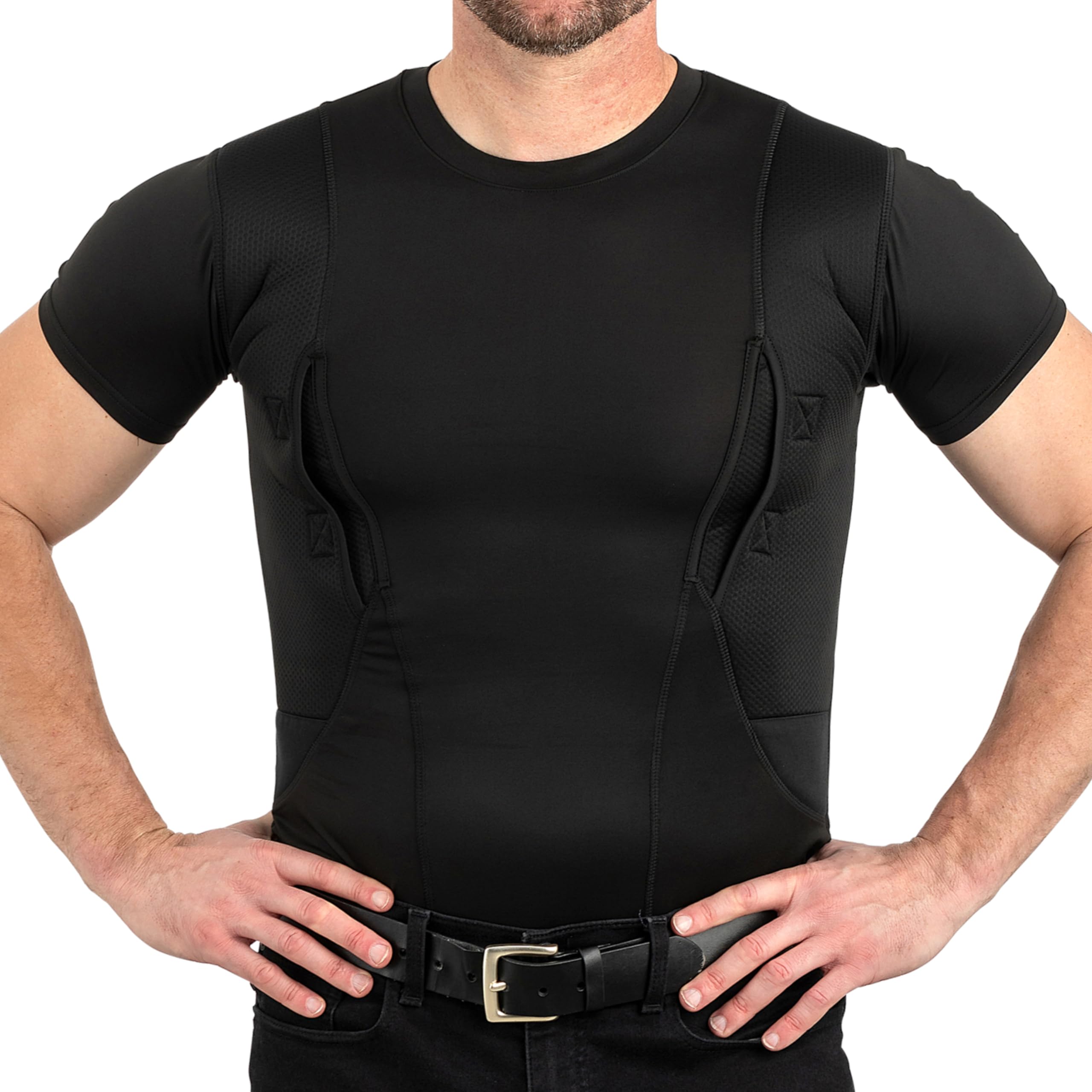 CCW Tactical Concealed Carry Holster Shirt | Secure Hook & Loop Pocket with Large Storage | All Season Moisture Wicking Compression Shirt | Mens Crew, Black S