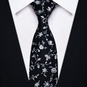 YourTies Floral Skinny Ties for Men Causal Cotton Black Flower Printed Necktie and Pocket Square Set Wedding Party