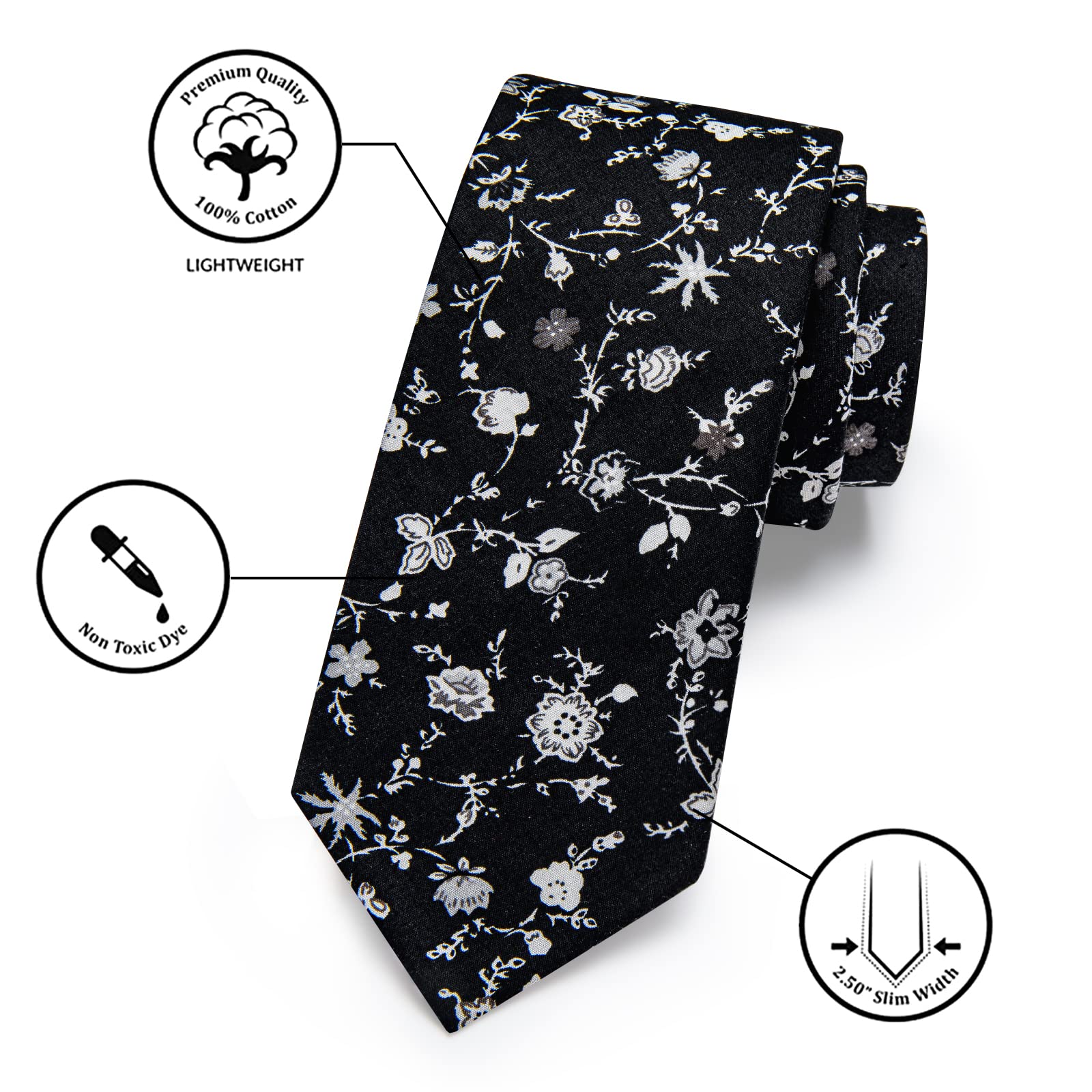 YourTies Floral Skinny Ties for Men Causal Cotton Black Flower Printed Necktie and Pocket Square Set Wedding Party