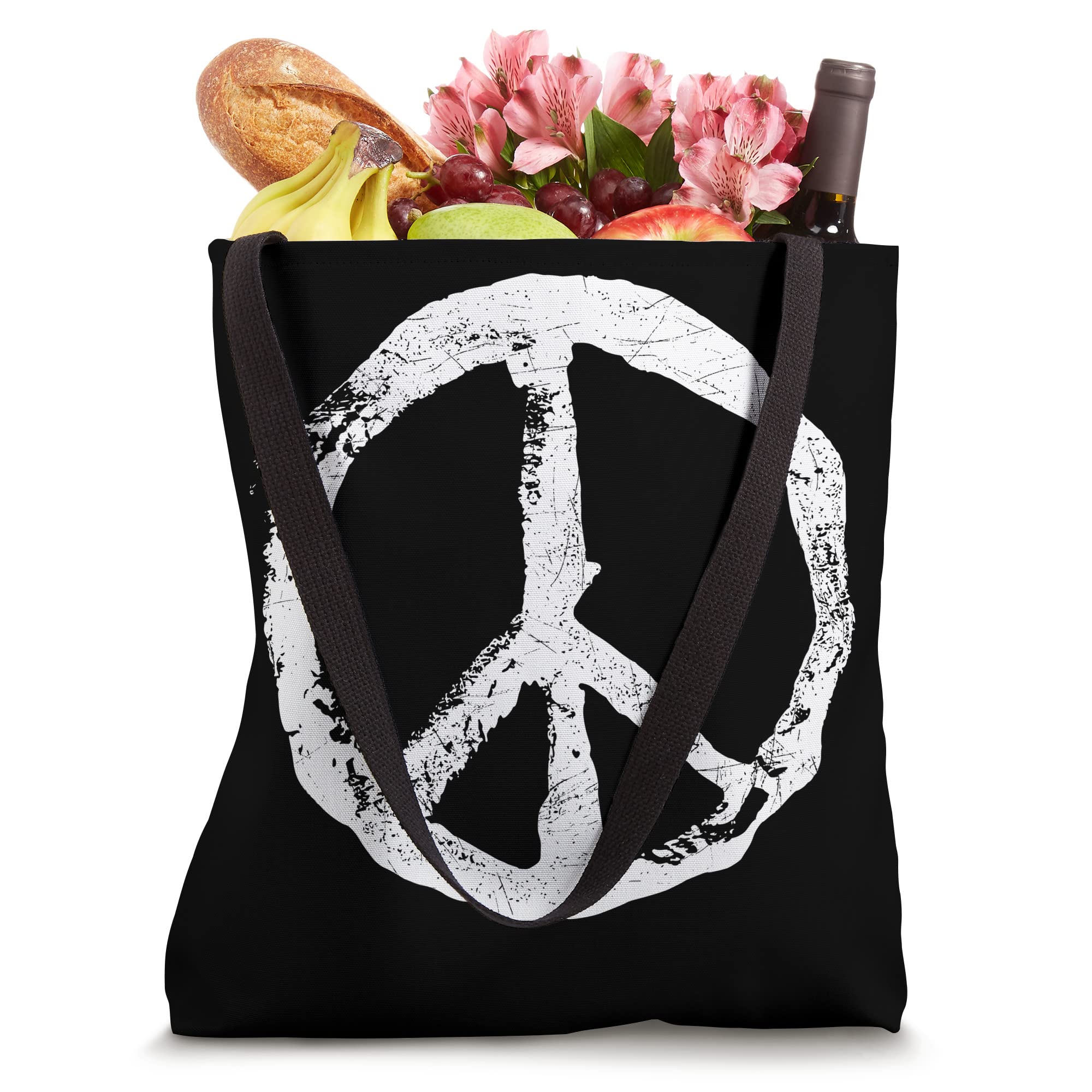 Distressed Vintage Peace Sign Trendy Hippy Heart Print Tote Bag