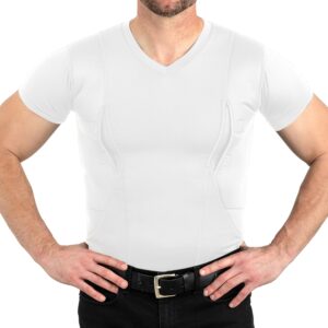 CCW Tactical Concealed Carry Holster Shirt | Secure Hook & Loop Pocket with Large Storage | All Season Moisture Wicking Compression Shirt | Mens V-Neck, White L