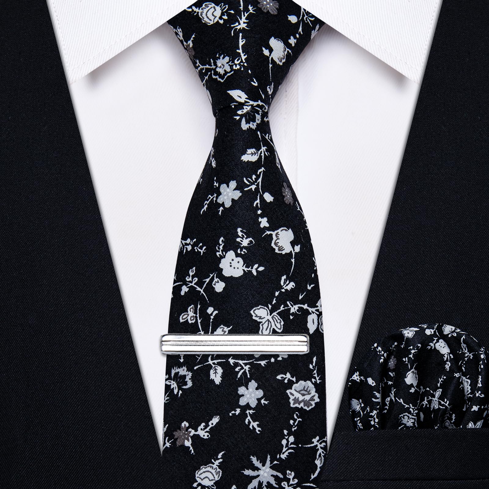 YourTies Floral Skinny Ties for Men Causal Cotton Black Flower Printed Necktie and Pocket Square Set Wedding Party