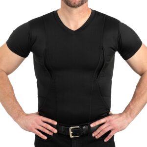 ccw tactical concealed carry holster shirt | secure hook & loop pocket with large storage | all season moisture wicking compression shirt | mens v-neck, black xl