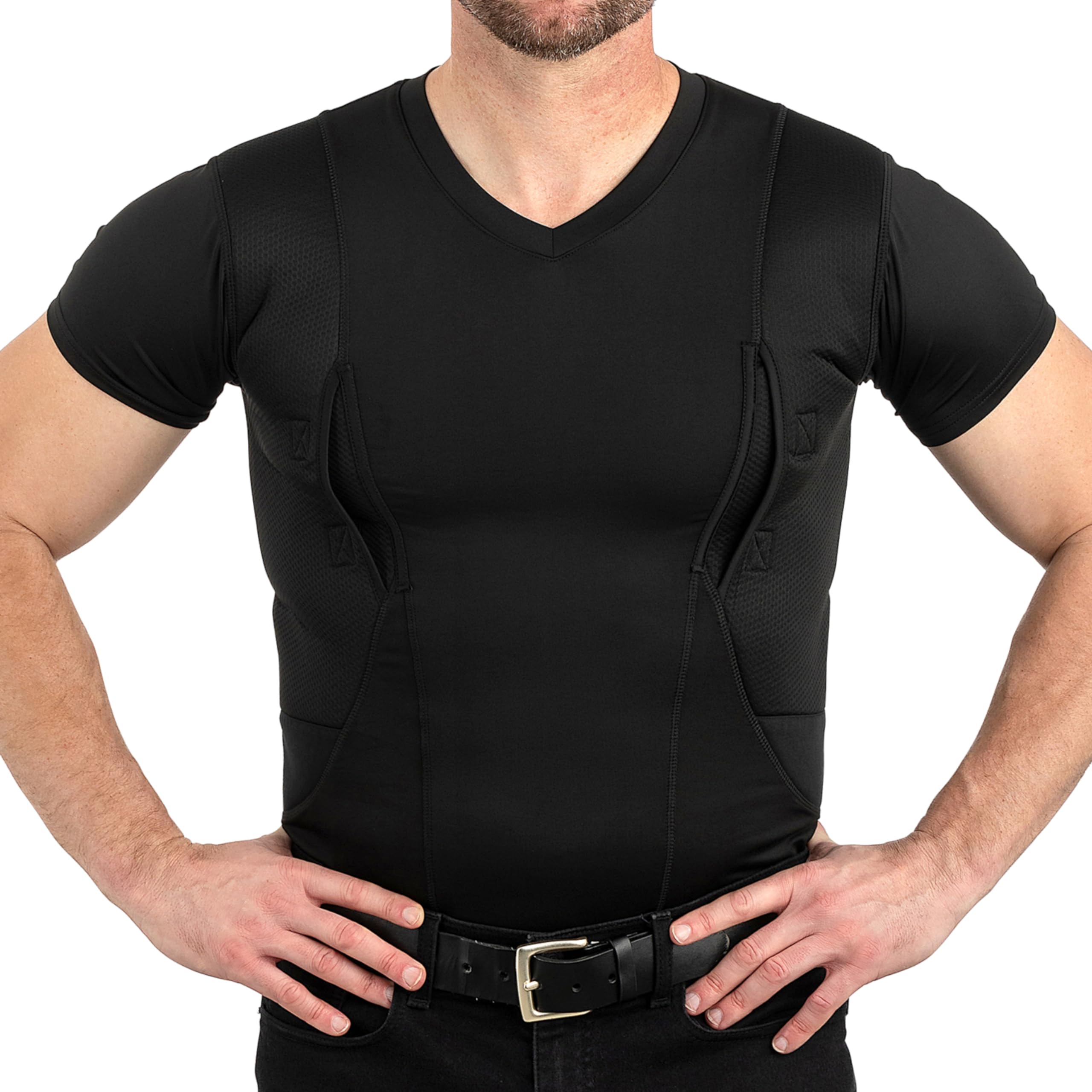 CCW Tactical Concealed Carry Holster Shirt | Secure Hook & Loop Pocket with Large Storage | All Season Moisture Wicking Compression Shirt | Mens V-Neck, Black XL