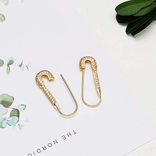 Safety Pin Earrings for Women - Ldurian Silver Plated CZ Hoop Earrings - Minimalist Paper Clip Earring - Drop Dangle Paperclip Earrings for Teen Girls