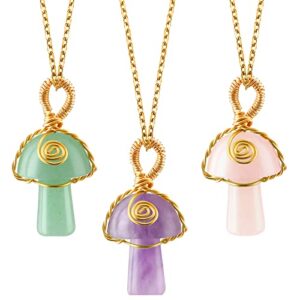 3 pieces Mushroom Gifts Mushroom Crystal Necklace for Women Pink Crystal Green Jade Amethyst Mushroom Jewelrys with Adjustable Link Chain for Wedding Party Gift