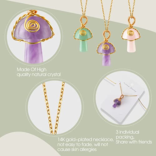 3 pieces Mushroom Gifts Mushroom Crystal Necklace for Women Pink Crystal Green Jade Amethyst Mushroom Jewelrys with Adjustable Link Chain for Wedding Party Gift