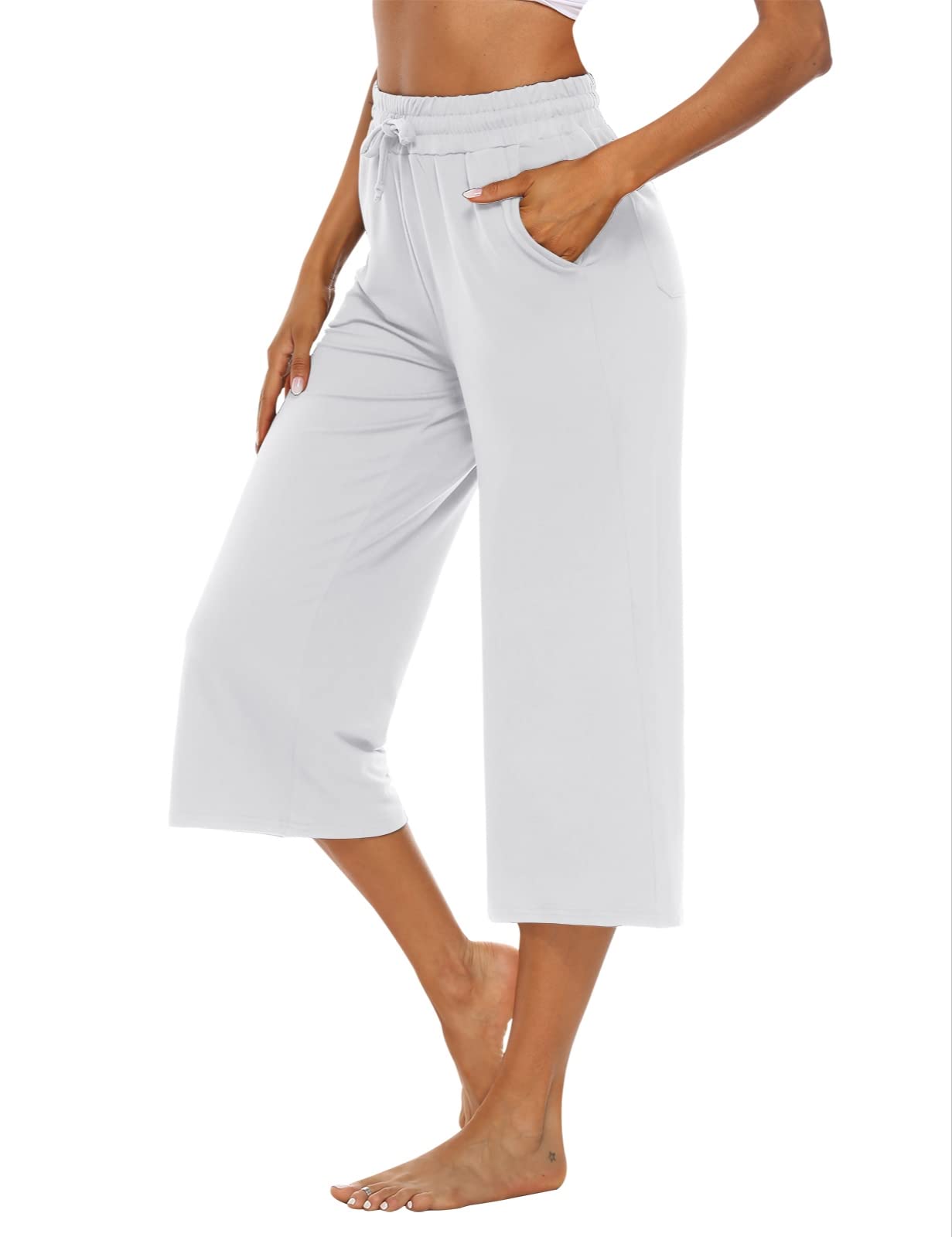 OYANUS Capris for Women Casual Summer Loose Comfy Drawstring Wide Leg Capri Pants with Pockets White-3XL