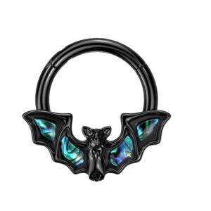 Pierced Owl 16GA Precision All 316L Stainless Steel Bat with Abalone Shell Wings Hinged Segment Ring (Black)