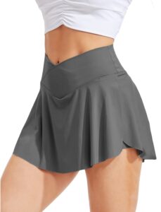 riojoy tennis skirts for women with pockets inner shorts cross high waisted golf athletic running workout sports outfits(a# v-waist grey,s)